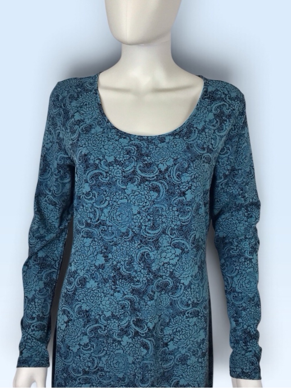 Peruvian Connection Midi Dress Teal Blue & Black Floral Long-Sleeve A-line - Picture 5 of 11
